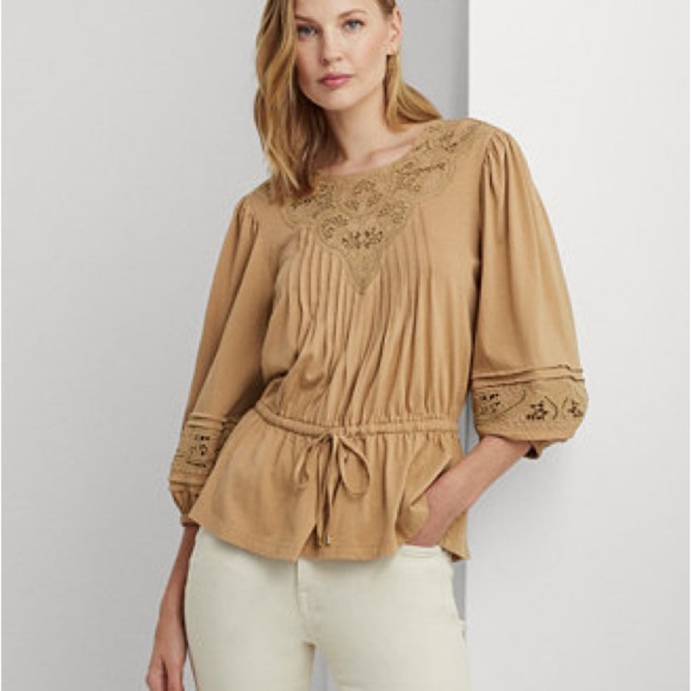 NWT Lauren Ralph Lauren Lace-Trim Jersey Peplum Top M